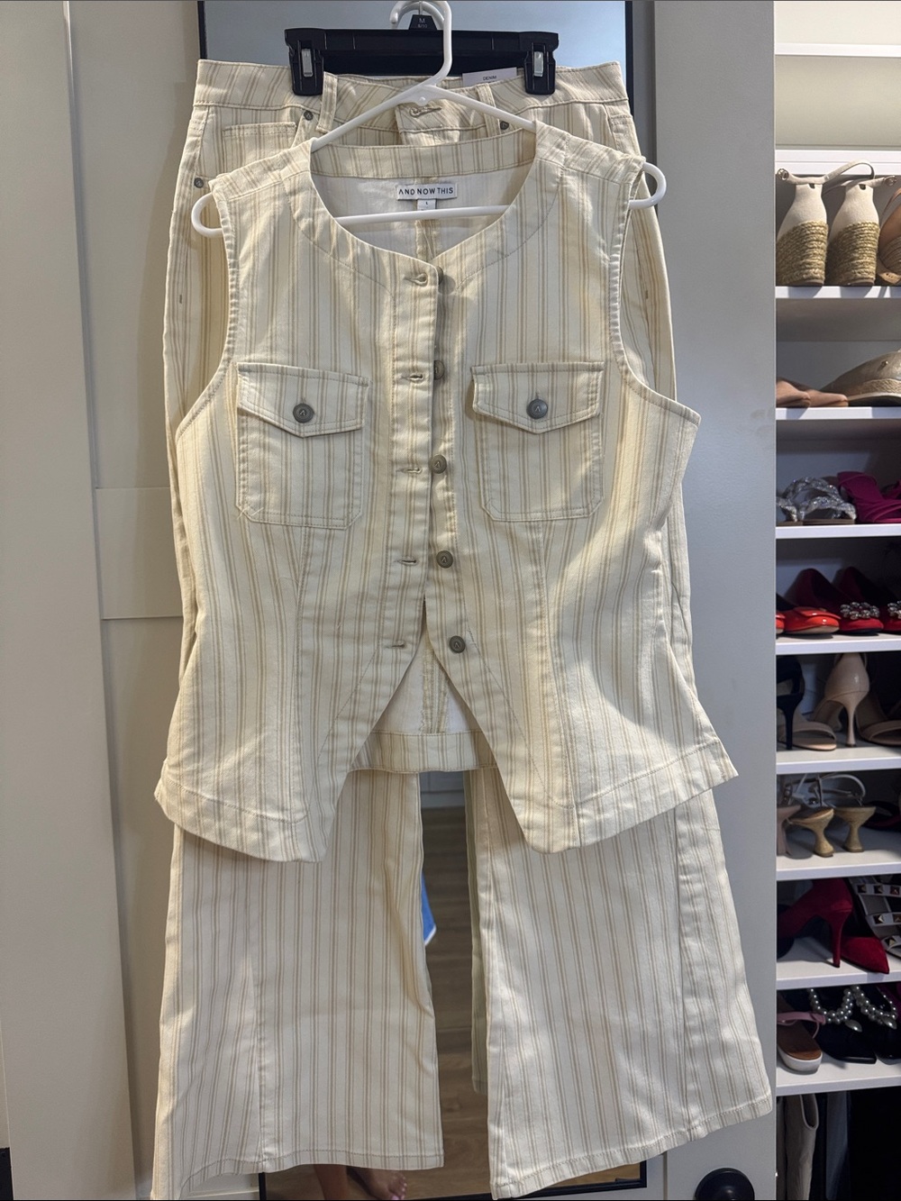 High-Rise Cream Pinstripe Wide-Leg Jeans